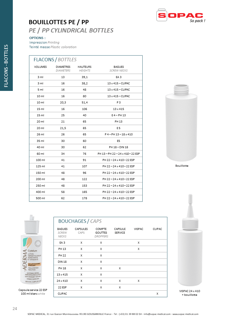 Flacon plastique bouillotte, PE,PP, Plastic Cylindrical Bottles